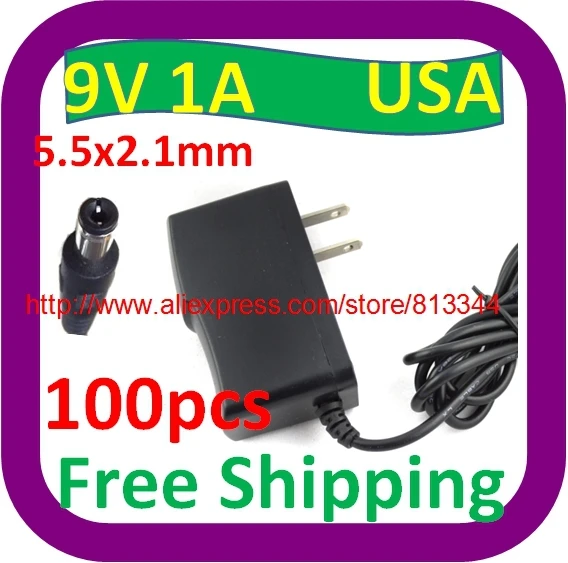 100 Pcs  AC 100V-240V Converter Adapter DC 9V 1A / 1000mA DC Size 5.5 mm x 2.1mm  Power Supply Charger US Plug 9v 1a