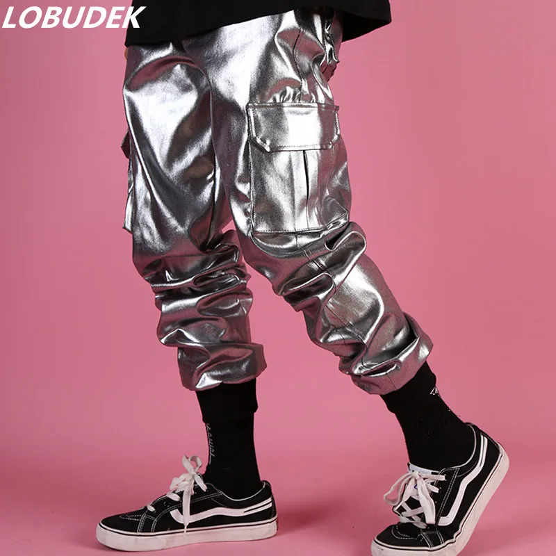 Casual Silver Leather Harem Pants Male Dancer Hip Hop Rock Pocket Cargo Trousers Performance Nightclub Stage Costume