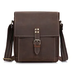 Bolsa de ombro de couro genuíno masculina, bolsa vintage de couro crazy horse genuíno para homens, bolsa transversal casual marrom nova 2017