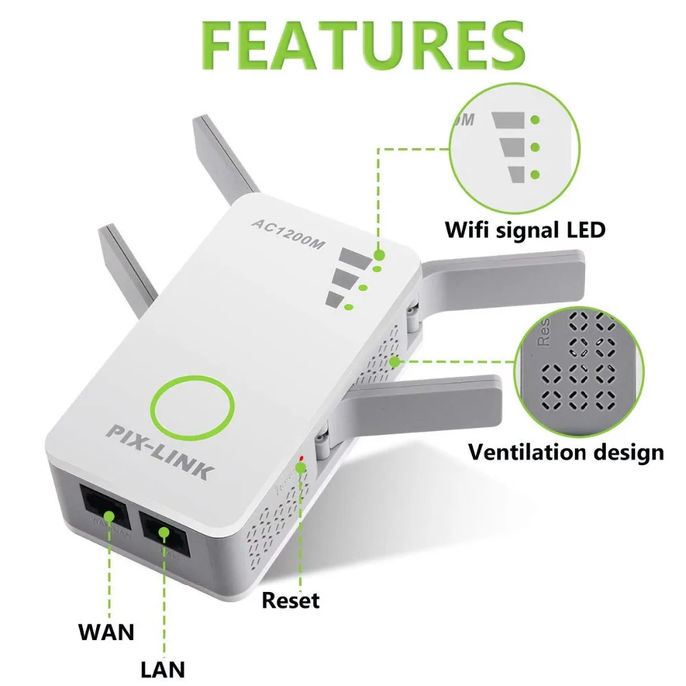 PIXLINK Repeater/AP Wireless Range Extender 1200Mbps Wireless-AC Dual Band Wifi Signal Amplifier with 4 External Antennas