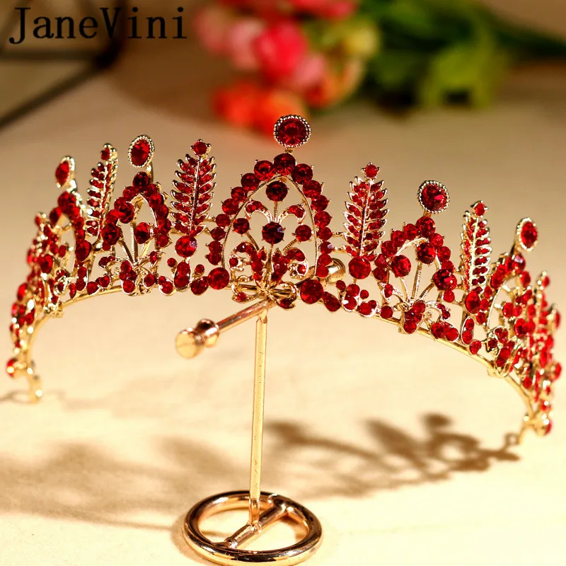 Janevini 2019 tiara de cabelo cristal brilhante, laço de coroa para casamento com strass vermelho metal dourado faixa de cabeça baile joias para cabelo