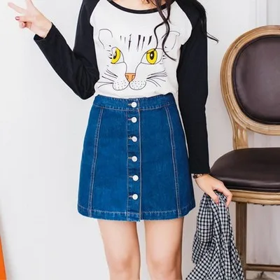 OLGITUM 2020 Fashion Women Vintage A-line Pencil Jeans Skirt Front Button High Waist Denim Skirt Female Ladies Jupe SK123