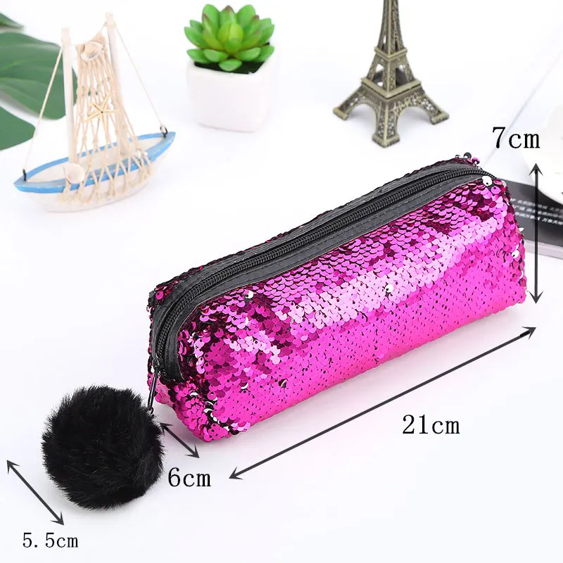 Kawaii School Pencil Case Reversible Sequin Hairball Pencil Case For Girls Cute Pencil Box Student Supplies Stationery Gift