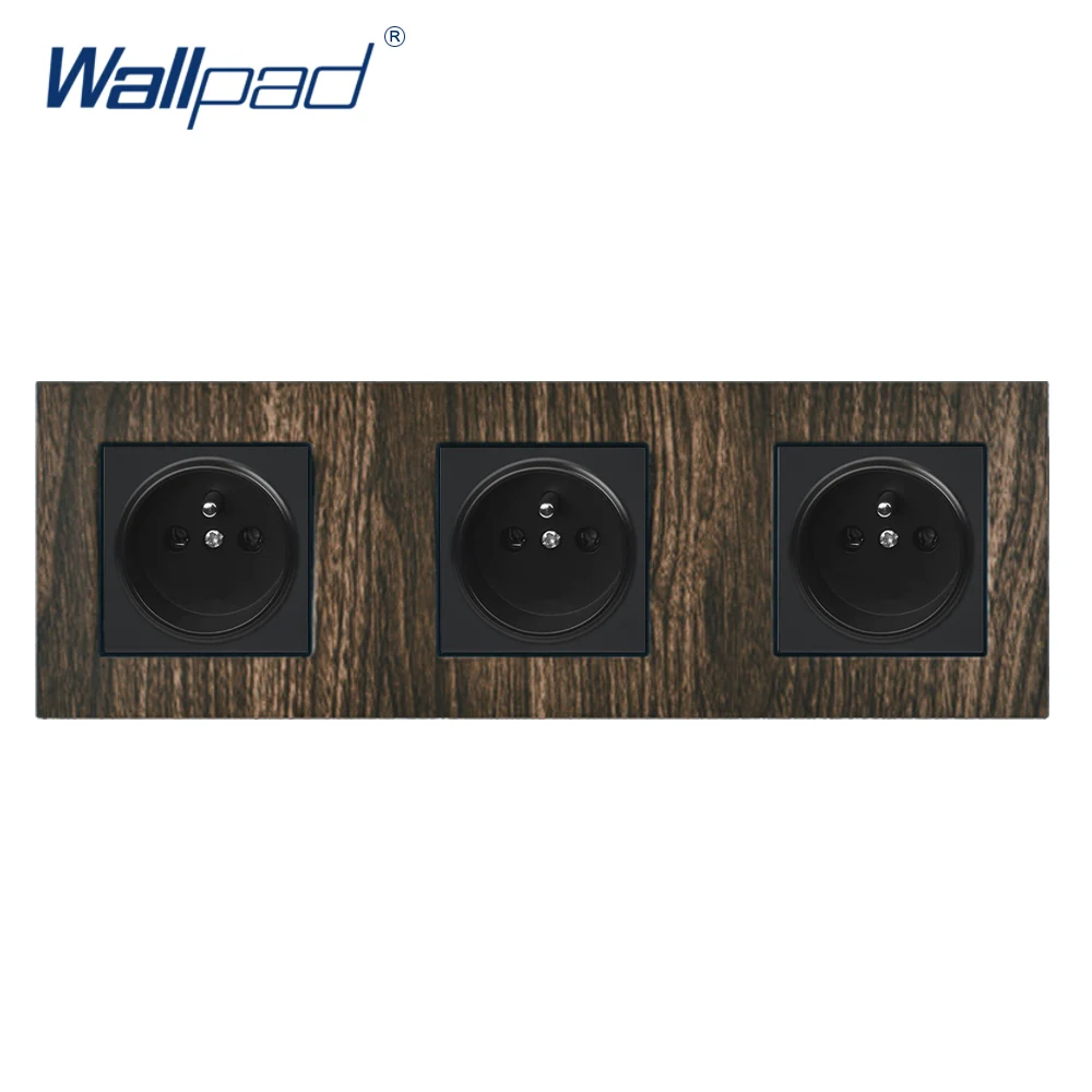 Triple French Power Socket Wallpad Aluminium Satin Metal Frame Wood 3 French Socket  AC Outlet Wall Plate 258*86mm