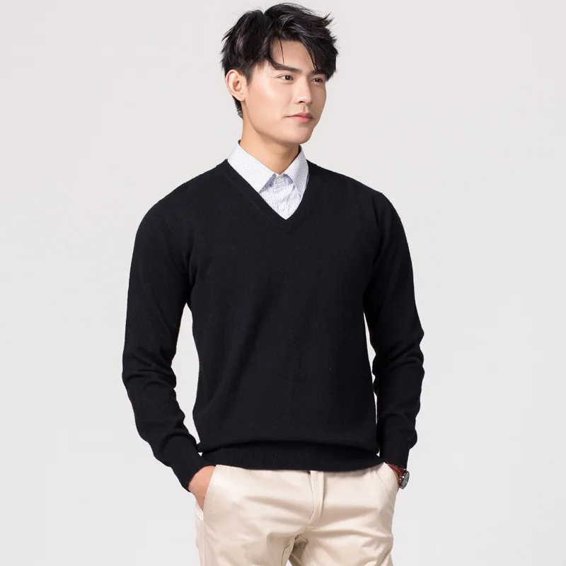 Man Pullovers Winter New Fashion Vneck Sweater Cashmere and Wool Knitted Jumpers Men Woolen Hot Sale Standard Male Tops LM023