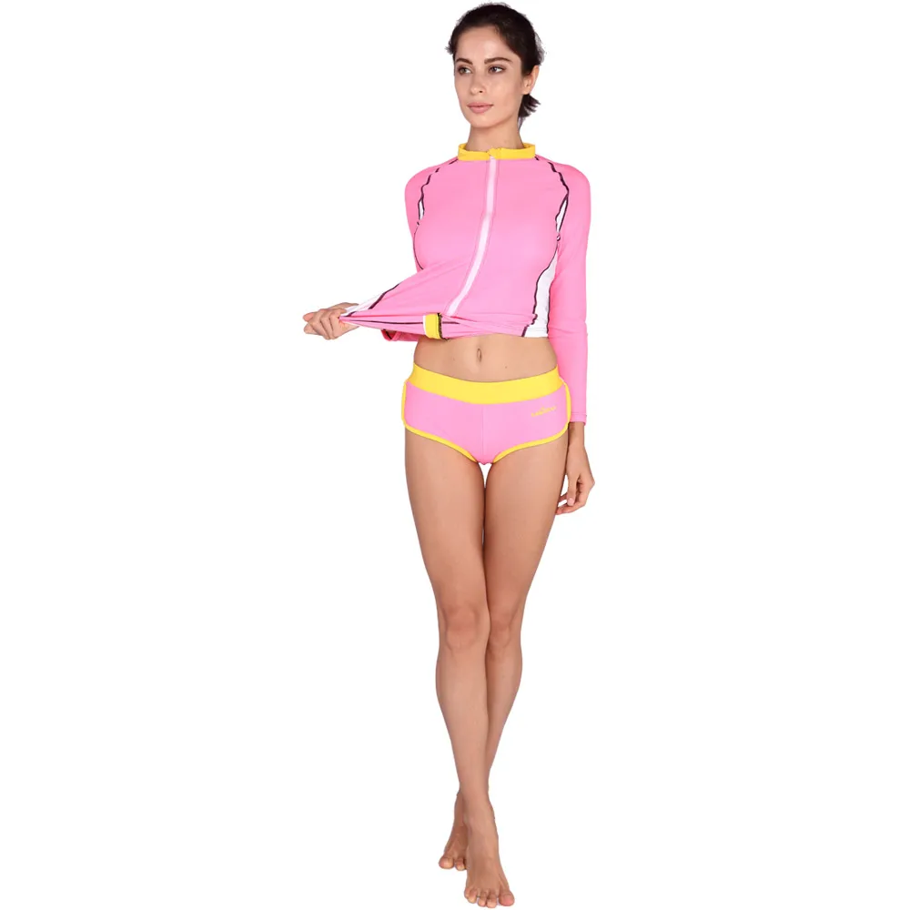 SABOLAY Women Lycra Zipper Suit Cardigan Sunscreen Long Sleeve Surf Diving Tops Short Pants Rashguards Swimming Shirt Swimsuit