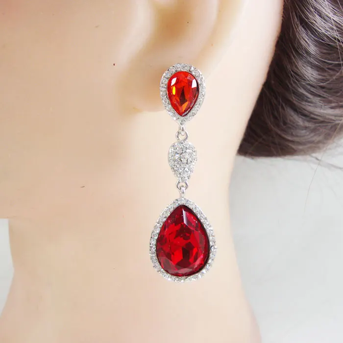 Silver Tone Art Nouveau Tear Drop Woman Dangle Earrings Red Austrian Crystal