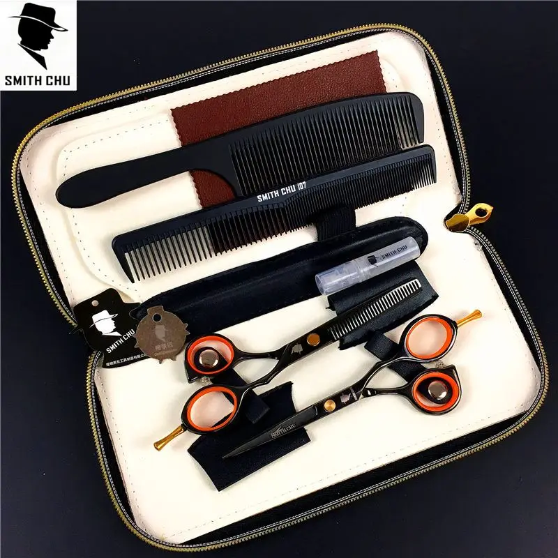 Smith chu 5.5/6.0 inch Professional Hairdressing Scissors set 62HRC Straight & Thinning cutting with comb, clothes ,oil , 1 set