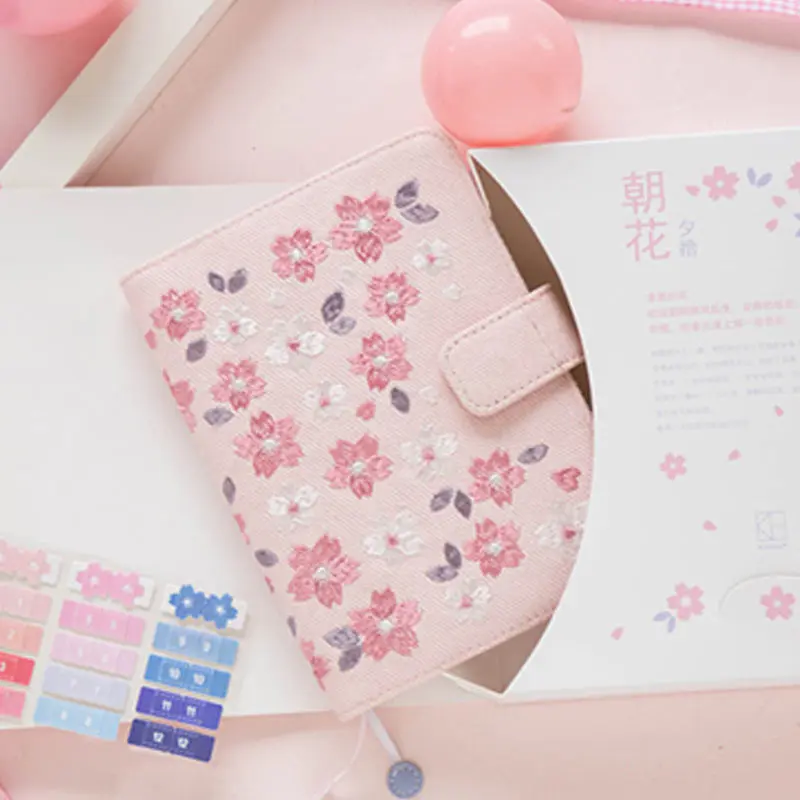 Yiwi kinbor Japanese Cherry Blossoms Embroidery Clothes A6 Hobo Style Planner With Year Monthly Filler Pages