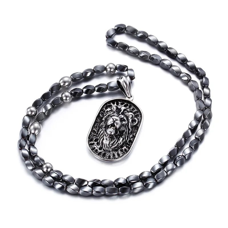 

New punk titanium steel lion head male pendant tide male beads necklace jewelry domineering tide necklace wholesale