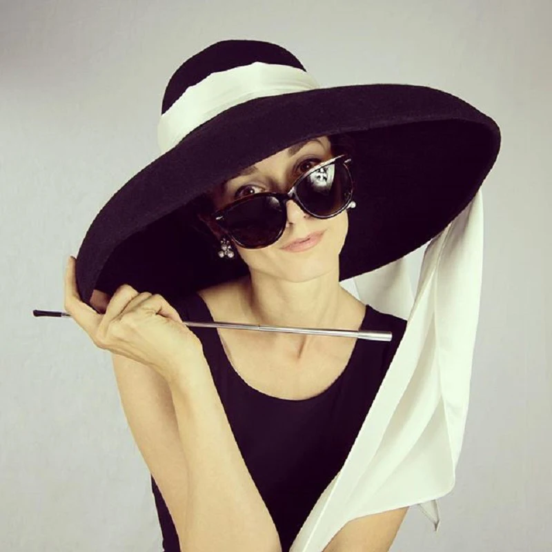 Women Fashion Retro Style Wool Felt Bowler Hat , Black Color White Silk streamers Big Brim Hat ,Large eaves Adjustable Show Hat