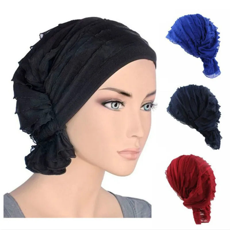 2018 New Women wrinkle Ruffle Hat Beanie Scarf Turban Headwear for Lady Beanies Muslim Turban Cap