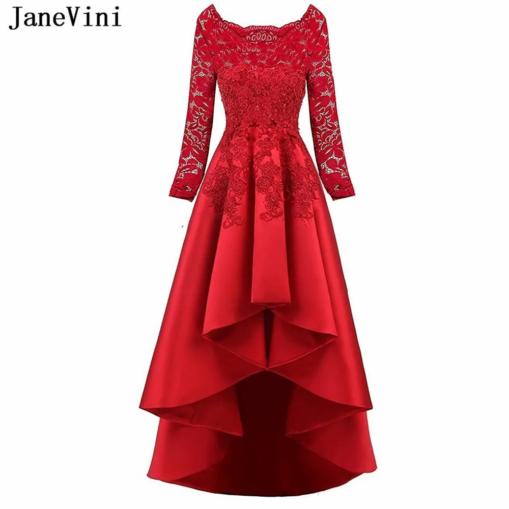 JaneVini – robe de bal rouge, grande taille, col rond, manches longues, en Satin perlé, avec des Appliques, 2019