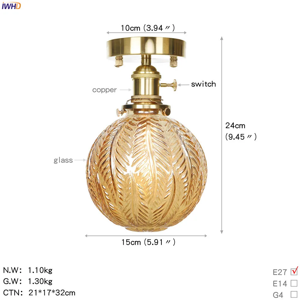 IWHD Perlengkapan Lampu Langit-langit LED Bola Kaca Gaya Nordic Lampu Ruang Tamu Teras Lampu Langit-langit Tembaga Luminer Langit-langit