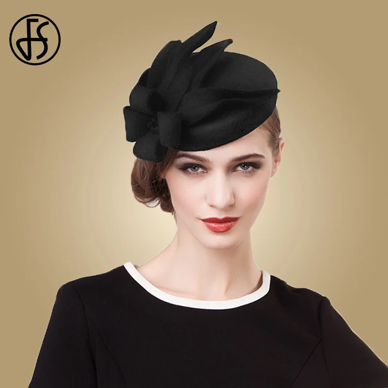 

FS Fascinators для женщин Элегантная цветочная черная шляпа-таблетка Шерстяные фетровые шляпы Винтажное свадебное платье Федоры Церковные женские официальные кепки