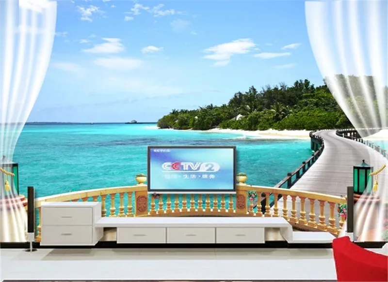 Custom 3D Mural Wallpaper Balcony, Wooden Bridge, Sea View TV Backdrop Bedroom Photo 3D Wallpaper Home Decor Living Room Wall