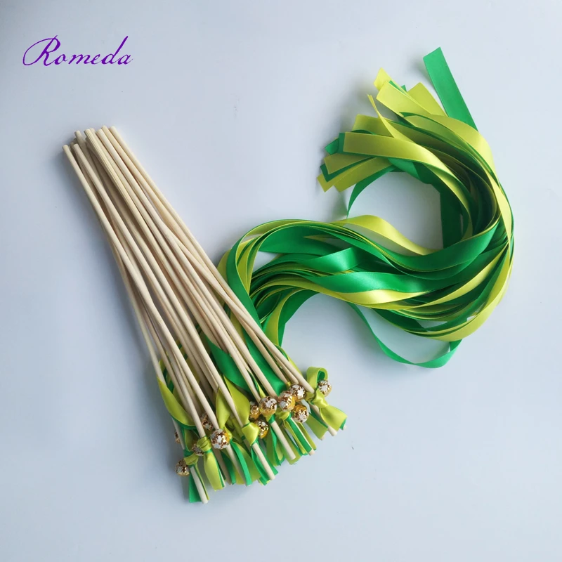 

New arrived 50pcs/lot green and yellow stain wedding ribbon wands stick Sparklers with colorful bell for wedding decoration