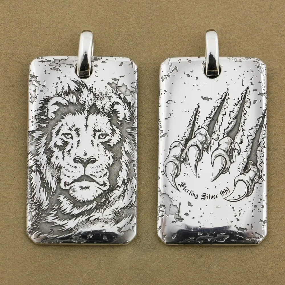 LINSION High Details Deep Laser Engraved 999 Pure Silver Lion King Dogtag Sharp Claws Mens Biker Pendant 9X026S