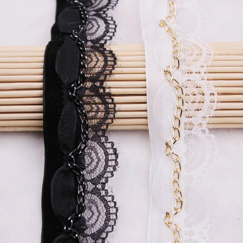 

20yards/lot 3cm Black Lace Ribbon Gold Chain DIY Handmade Lace Collar Accessories Beading Braid Lace Trims Dress Fabric