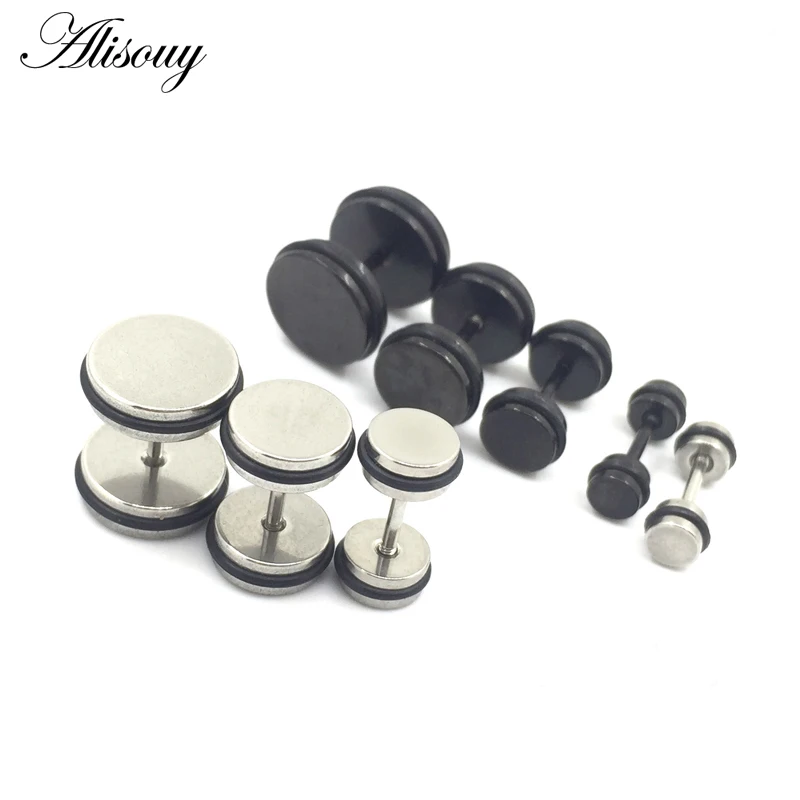 Alisouy 2Pcs Mens Barbell Punk Gothic 4-12mm Stainless Steel Ear Studs Fake Ear Plug Stretcher Cheater Earring Piercing Jewelry