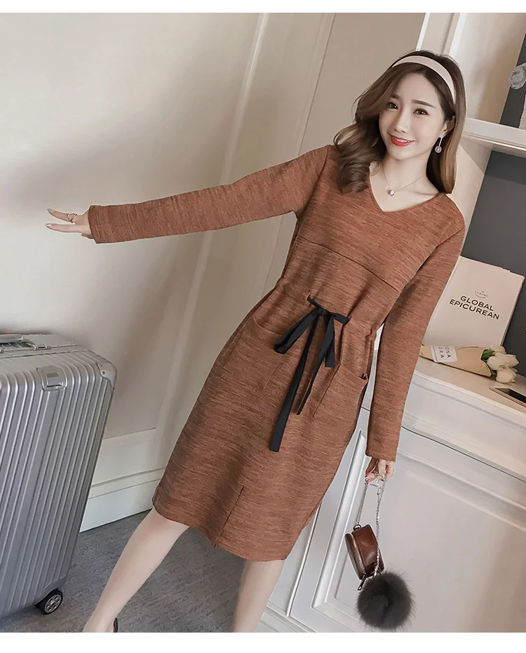 Fashion Autumn Maternity Nursing Dress Long Sleeved Slim Ties Waist Knitted Breastfeeding Clothes for Pregnant Women Pregnancy