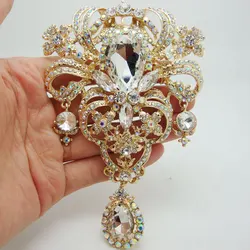 New Luxury Bride Brooch Pin Flower Drop Bride Bridesmaid Wedding Clear AB Rhinestone Crystal Brooches Pin Pendant