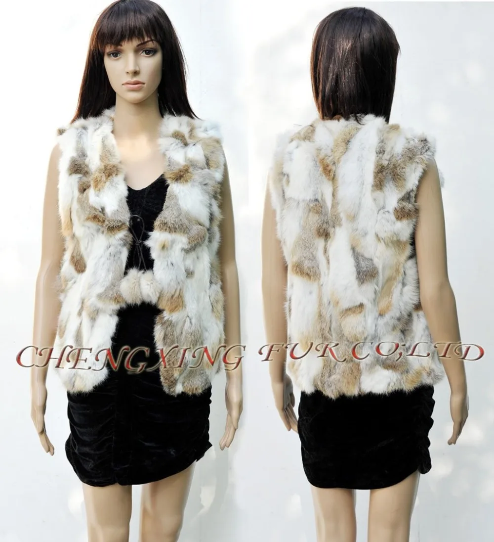 

CX-G-B-91 Womens Patchwork Rabbit Fur Vest Waistcoat With Fur Ball