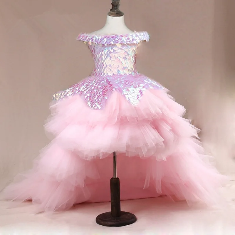 

Children's Dress Trailing Dress Princess Dress Christmas Catwalk Short Trailing Detachable Pink Dress Birthday Host Costume