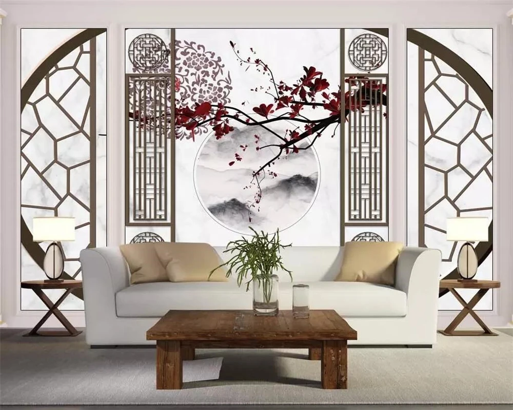 

Beibehang Chinese plum blossom bird auspicious stone pattern mosaic TV background wall living room bedroom mural 3d wallpaper