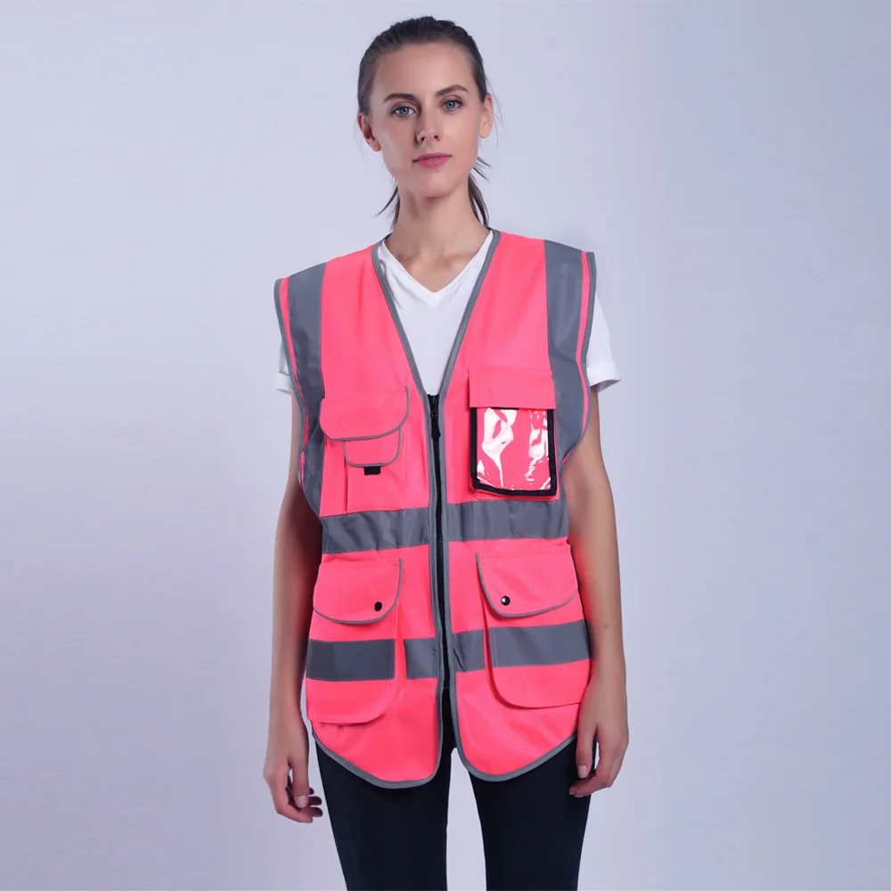 Colete de alta visibilidade feminino, roupas de trabalho, uniformes com bolsos, rosa