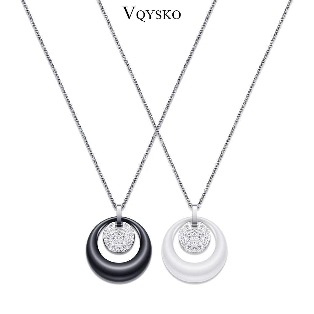 Fashion Double Layers Circle Ceramic Pendant Necklace Crsytal Pendant For Women Rhinestone Black /White Women Ceramic Necklace