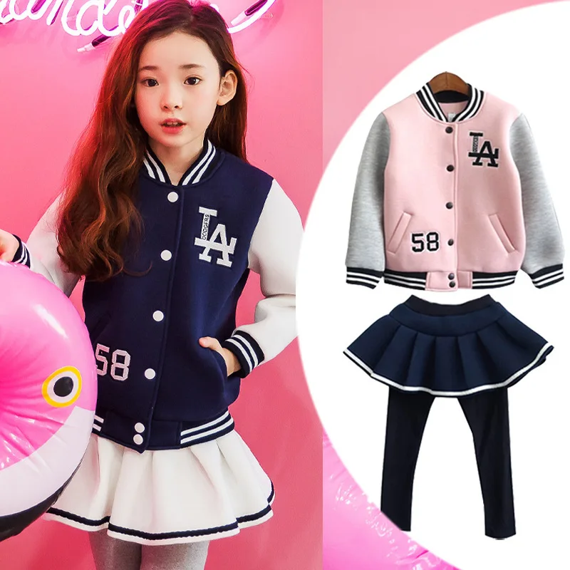 

Children Clothes Sets Spring Autumn Girls School Baseball Coat Pants Fashion Warm Clothing Set Cotton Sports Suit For 5-10T Girl