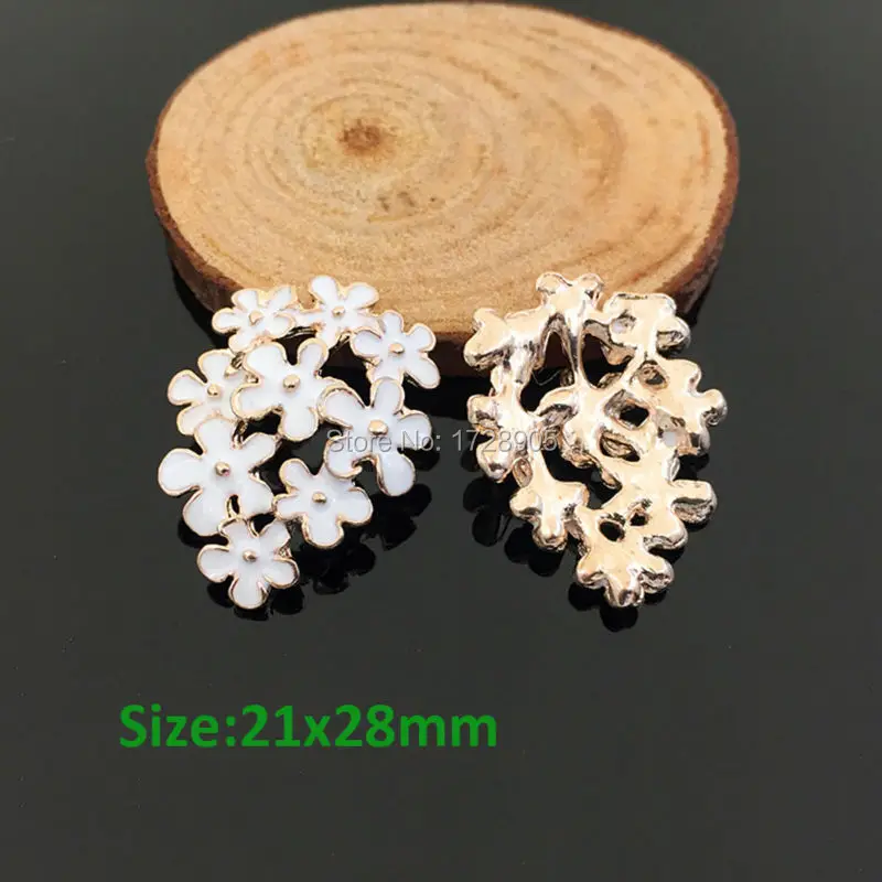 Cluster flower babysbreath 10pcs  21*28mm White Enamel Rhinestone Flower Button Flat Back Embellishment For nail decor