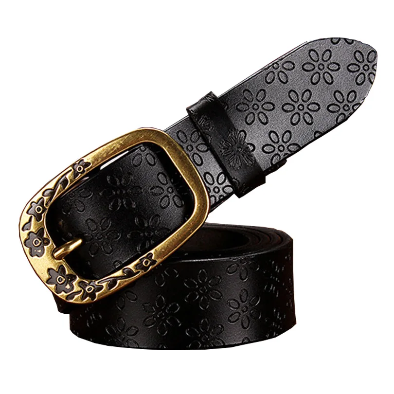 Fashion Genuine leather belts for women Vintage floral Pin buckle strap for jeans High quality second layer cow skin belt woman