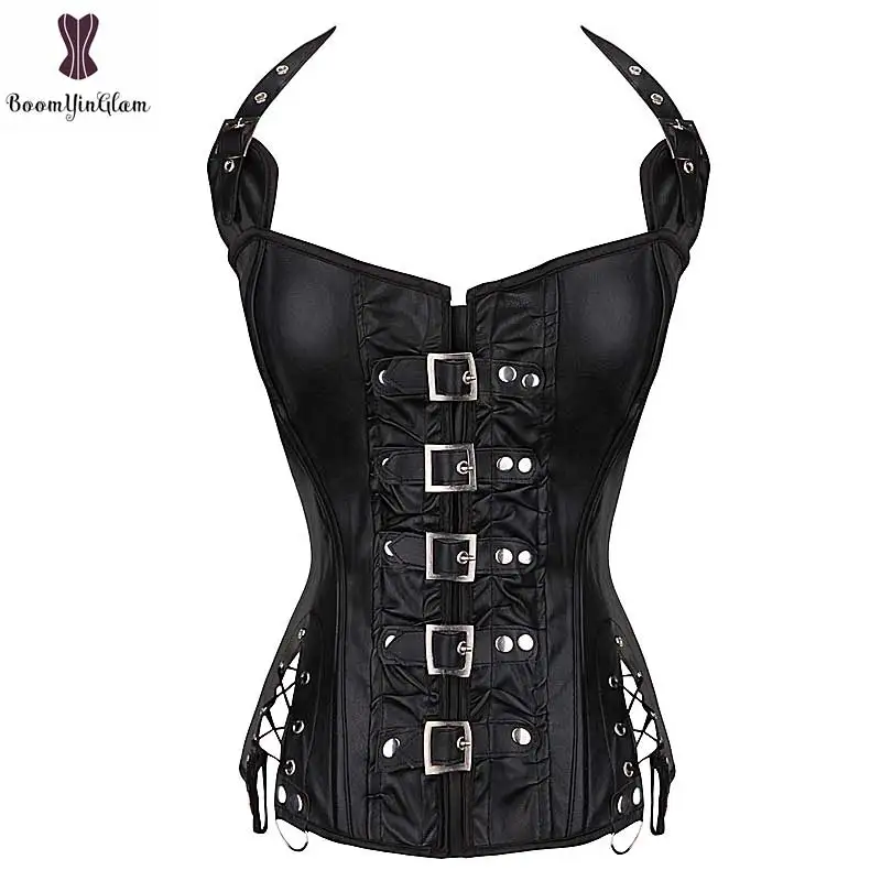 

Black Halterneck Corset Overbust Steampunk Gothic Korse Belt Coffee Punk Korset G-string Corselet Buckle Gorset Boned Bustier