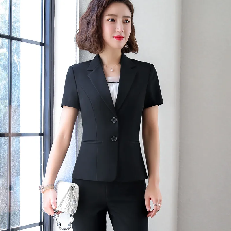 Naviu New Fashion Women Formal Suits Business Temperament Short Sleeve Slim Blazer and Trousers Office Ladies Work Wear