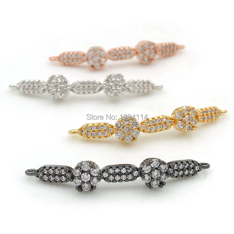 42*6*4mm Micro Pave Clear CZ Arc Bar Connector With 2 Flowers Fit For Women As DIY Bracelets Accessory