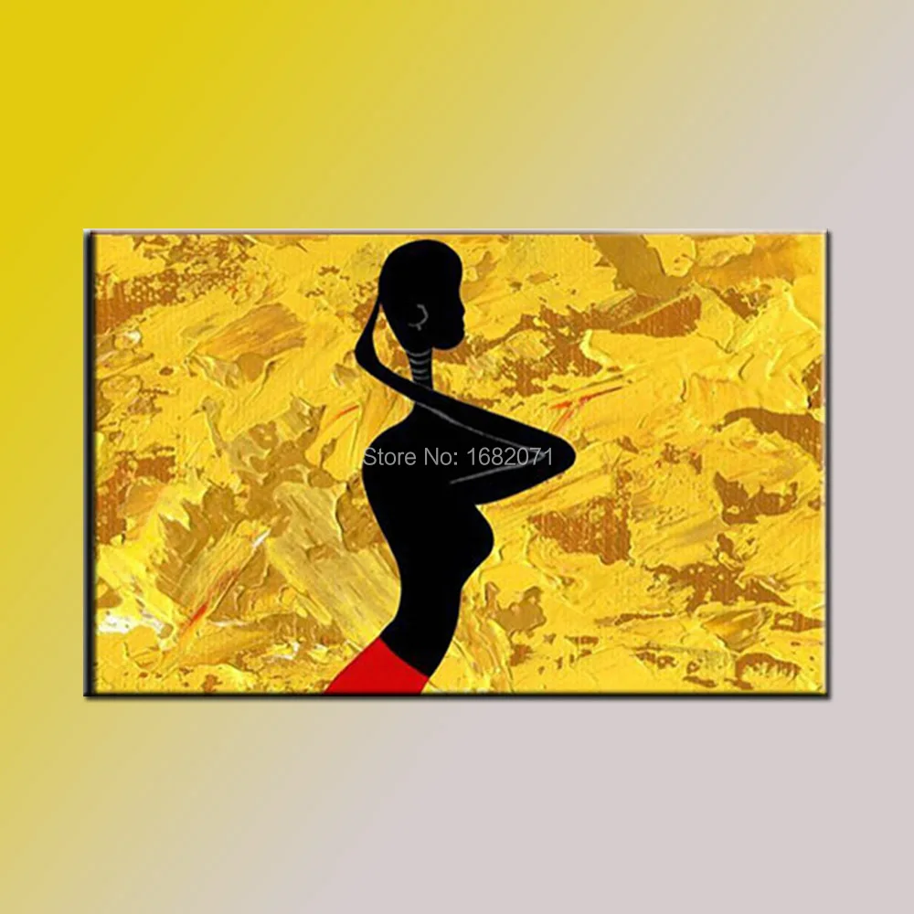 

High Quality Wall Decorative Painting for Home Decoration Pure Handmade Abstract Golden Background and Black Woman Oil Painting