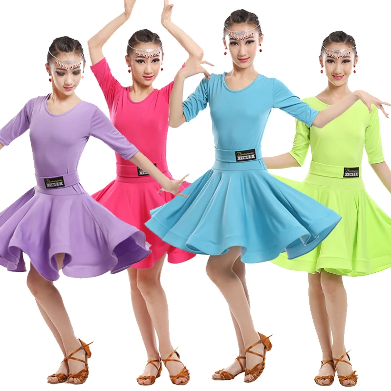 Girls Green Blue Latin dancing dress Kids Ballroom Salsa Dance wear Outfits Children\'s Party Stage wear costumes long sleeve