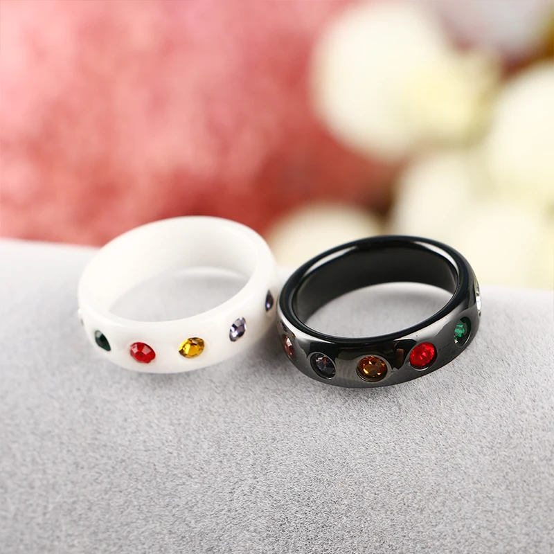 7 Chakra Colorful Rings For Women Bling Colorful Crystal Black White Ceramic Rings Conspicuous Personality Jewelry Party Gift