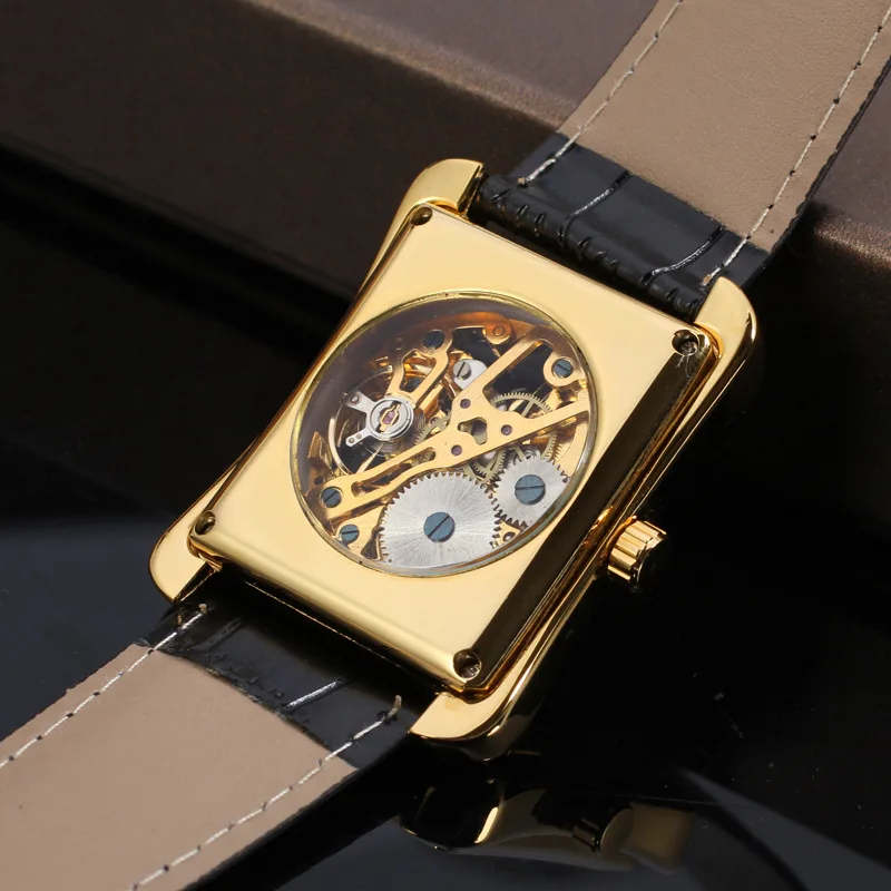 2018 Winner Brand Retro Casual Series Rectangle Dial Design Golden Pattern Hollow Skeleton Watch Men Top Brand Luxury Mechanical