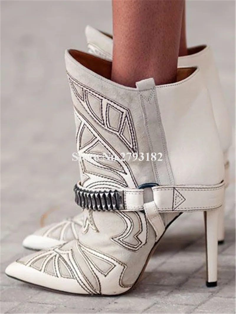 

Top Brand Design Women Fashion Pointed Toe Metal Buckle Stiletto Heel Short Boots Slip-on Embroidery High Heel Ankle Booties