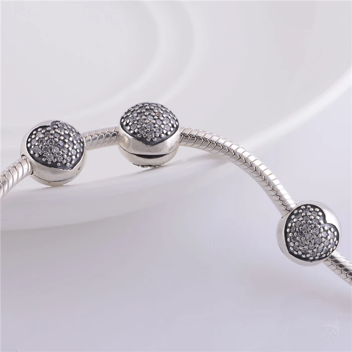 Authentic 925 Sterling Silver Pave Heart Clear CZ Clip Beads DIY Craft Jewelry Fit Original Pandora Charms Bracelet / Pendants