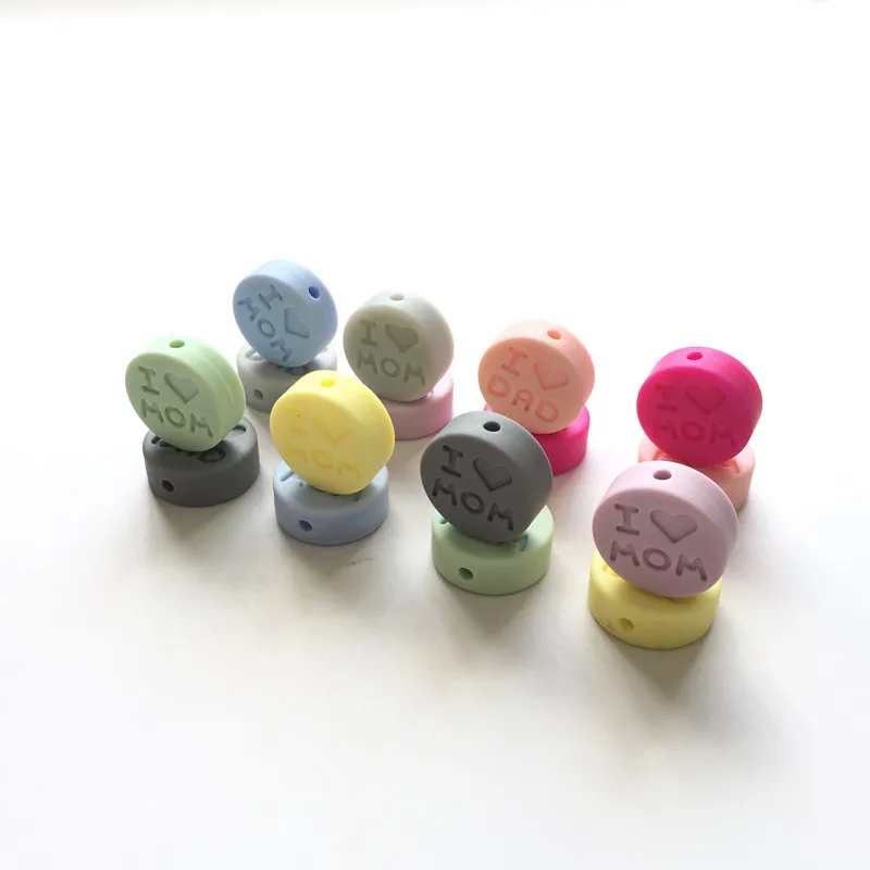 100pc I love mom Silicone Teething Loose Beads Flat Round Shaped Chew Bead for DIY Pacifier Necklace Baby Teether heart beads image 2