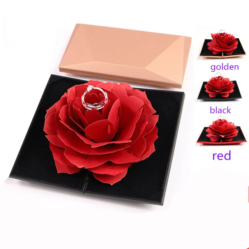 3D Pop Up Red Rose Flower Ring Box Wedding Engagement Box Jewelry Storage Holder Case