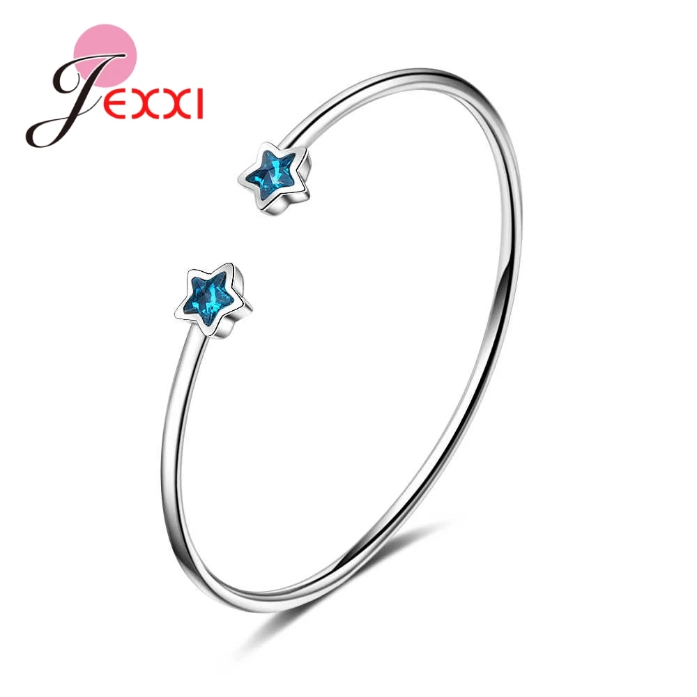 Simple Fashion Star Bracelet Bangles Sparking Jewelry Pave Blue Crystal Top Quality 925 Pure Silver Needle Gifts For Girl Women