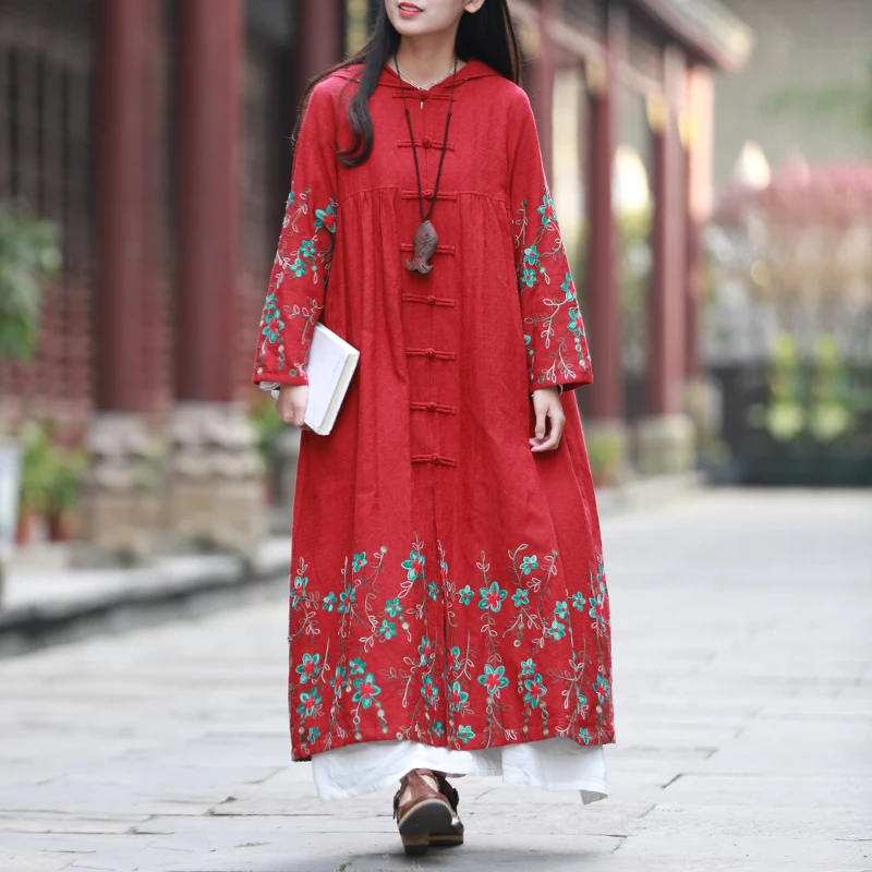 LZJN-Women's Chinese Long Duster Coat Hooded Jacket Cotton Windbreaker Embroidery Cardigan Vintage Jacket Spring Autumn