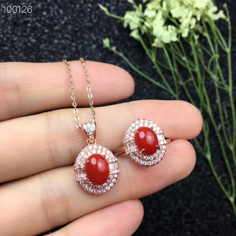 

KJJEAXCMY boutique jewels 925 pure silver inlaid natural red coral female ring + pendant suit jewelry support test