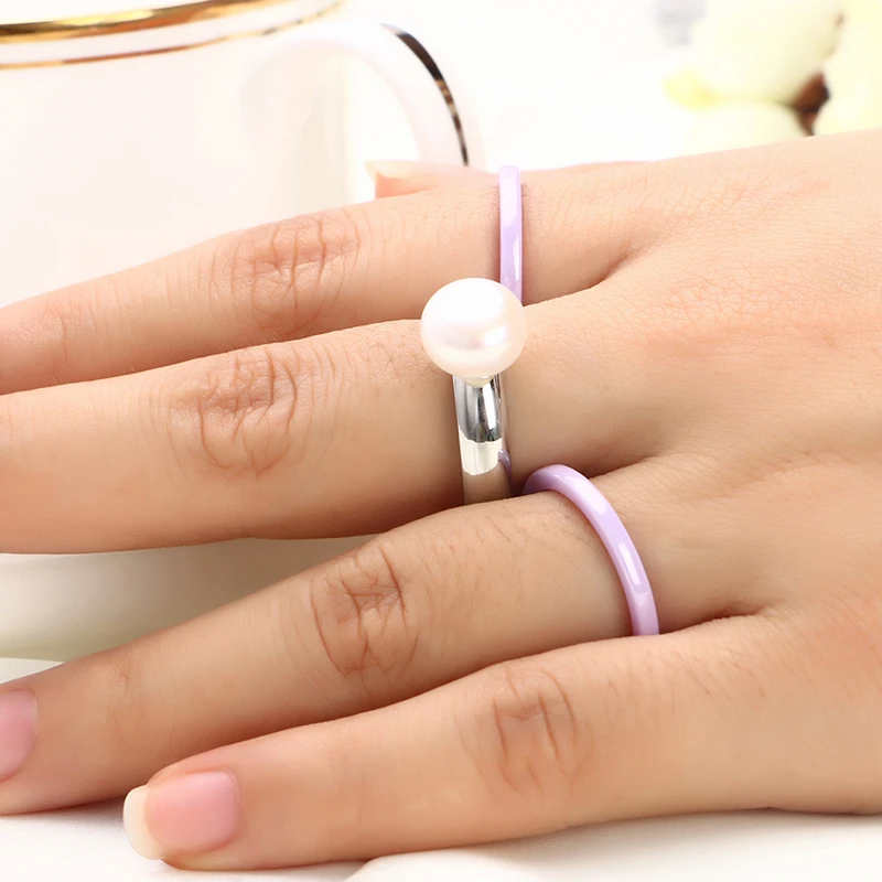 3pcs/Set Big Pearl Women Female Rings 2MM Smooth Width Purple Color Ceramic Rings For Women Anniversary Jewelry Can Be Separated