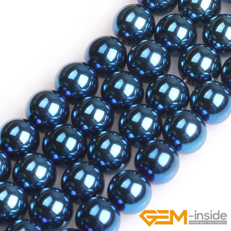 Blue Metallic Coated Round Reflection Magnetic Hematite Beads For Jewelry Making Strand 15\